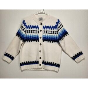 College Point Women's M Vintage Cardigan Sweater Blue White Geometric Button Fro